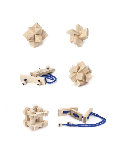 6 different light-coloured wooden puzzles, two with blue string. 
