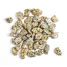 Load image into Gallery viewer, Pile of yellowy-beige dalmation jasper gemstones have black dots. 
