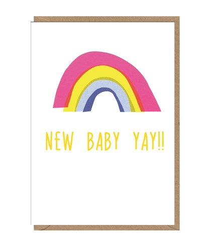 White card with brown kraft envelope tucked inside. Pink, yellow and blue rainbow sits above yellow capital letters reading 'new baby yay!!'