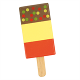 Load image into Gallery viewer, Lolly with brown, yellow and red stripes and multicoloured dots on the brown stripe. Handle is uncoloured wood. 
