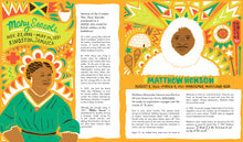 Load image into Gallery viewer, Inside spread shows 2 icons, on the left is Mary Seacole (a Black woman), on the right Matthew Henson (a Black man). Each orange page is decorated with bright colourful doodles, and an illustration of Mary and Matthew. The text shows the dates they lived, where they lived and a biography of a few paragraphs. 
