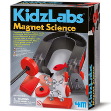 Load image into Gallery viewer, KidzLabs Magnet Science Kit has warning not for under 3 years old, and lists of different projects inside.
