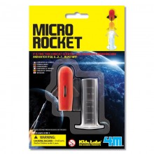Micro Rocket packaging is yellow with photo of Earth from space. Packaging is cardboard with small plastic cover over kit components.