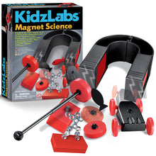 Load image into Gallery viewer, Picture of contents and front of the KidzLabs Magnet Science Kit box.
