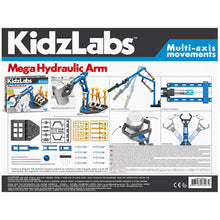 Load image into Gallery viewer, Back of box shows images of front of box, completed arm, vertical claw movement, a close up of the hydraulic technology, kit components, claw holding a can and claw moving horizontally.
