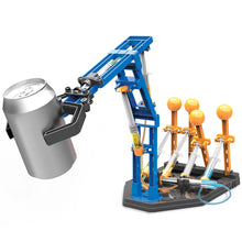 Load image into Gallery viewer, Completed hydraulic arm is blue, yellow and grey &amp; holds aluminium can in claw.
