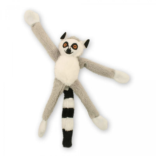 Lemur soft toy is splayed out in a star shape with it's tail straight down. Lemur is grey, black and white with yellow irises. 