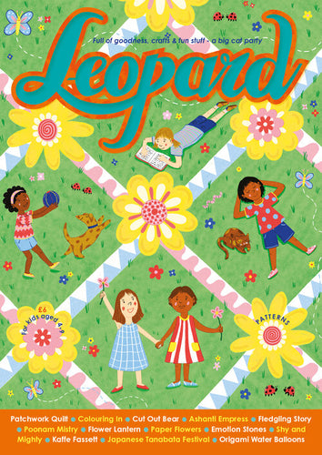 Magazine cover shows illustration of green grass with children reading, playing, lying down and holding hands. Across this image is a patchwork pattern. Title is in red and green across the top. Orange band across the bottom has a list of contents. 