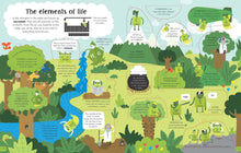 Load image into Gallery viewer, Pages 11-12 focus on &quot;The elements of life&quot; and shows a forest, river, and mountains. The pages show different elements in these spaces such as carbon, nitrogen, oxygen and sulfur. There is a section of main text next to an infographic of the Periodic Table pointing to the &#39;non-metals&#39; element locations. Across the pages are small sections of text about the elements.
