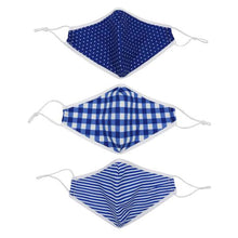 Load image into Gallery viewer, 3 masks, one blue with white polka dots, one gingham white and blue, one blue and white horizontal stripes. Borders and ear loops are white. 
