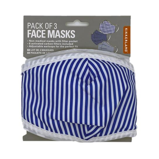 Masks attached to card backer. Backer reads 'Pack of 3 face masks. Non-medical masks with filter pocket. 6 activated carbon filters included. Adjustable earloops for the perfect fit.' An illustration of the three designs are on the top right. Outer mask is blue and white vertical stripes