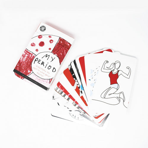 Cards splayed beside card box. Box reads 'My period, everything you want to know about periods'. First card on the deck shows an outline of a woman wearing a red tank top and a ponytail.