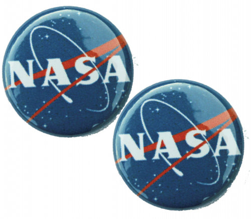 2 button badges side by side. Both are blue with white and red NASA logo. NASA is printed in white letters with a white circle and a red angle around the letters.