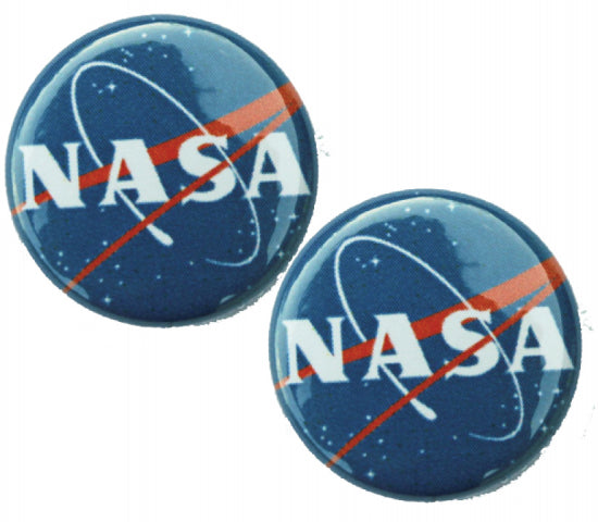 2 button badges side by side. Both are blue with white and red NASA logo. NASA is printed in white letters with a white circle and a red angle around the letters.