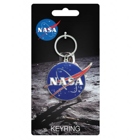NASA keyring is blue with red 'V' at an angle, and a grey circle going around 'NASA' written in capital white letters. On the blue background are small silver stars. Keyring attached to card with plastic loop. Card shows image of an astronaut on the moon with 'keyring' written below. NASA logo is in top left.
