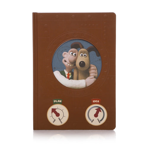 Brown notebook with cut out in middle, illustration of Wallace & Gromit showing through. Underneath are two dials, one titled Plan, ranging from Start to Complete, the other Idea, ranging from weak to strong.