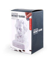 Load image into Gallery viewer, Einstein Money Bank box is white and grey. The front of the box features a picture of Einstein. 

