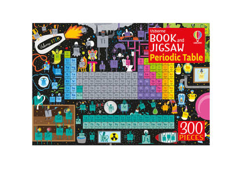 Front of box shows the title 'Usborne Book & Jigsaw Periodic Table' in top right. Bottom right shows '300 pieces'. Top left reads 'Usborne STEM'. Image on box shows anthropomorphised elements engaged in activities. Periodic table is in full colour.