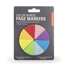 Load image into Gallery viewer, 8 sticky notes on a card backer. Packaging reads &#39;color wheel page markers, eight pie-slice shaped sticky notes. 30 sheets per color&#39;. Colours include: red, pink, purple, two blues, green, yellow and orange.
