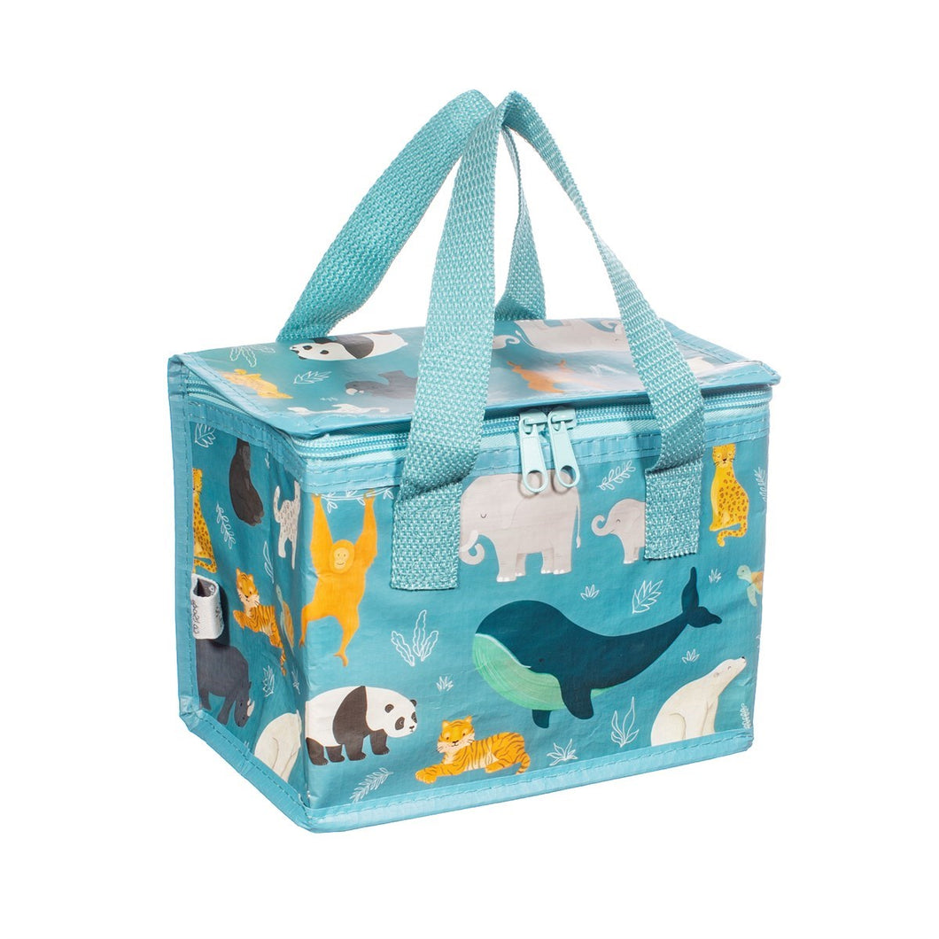Light blue lunch bag with colourful illustrations of whales, elephants, giant pandas, tigers, polar bears, orangutans, rhinoceroses, leopards, and turtles. Handle and zip are also light blue. 