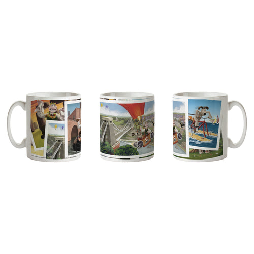 This Aardman mug features Wallace (a white man) & Gromit (a dog) flying over the Clifton Suspension Bridge in a hot air balloon. If you look closely, you can see that there are images below this one, which all look like photos of the pair around the UK. 