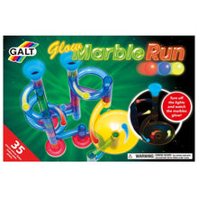 Load image into Gallery viewer, Green box with photo of a plastic marble run. Title reads &#39;Glow Marble Run&#39;, brand name is Galt. Another photo of the marble run in the dark shows glowing funnel and marbles. Red circle with white text reads &#39;Turn off the lights and watch the marbles glow.&#39; Bottom left corner of packaging reads &#39;35 pieces&#39;. 
