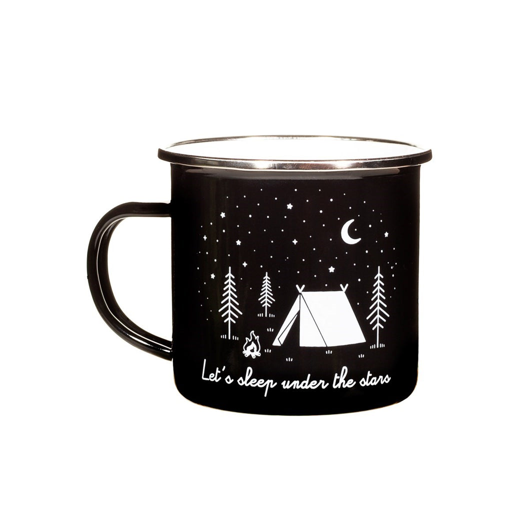 Black mug with unpainted silver rim. White illustration of a tent, trees and a campfire under some stars and a moon, with the words 