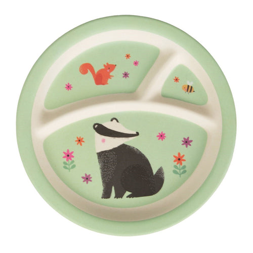 green plate has three sections, one large, one medium, one small. In each section, consecutively sits a badger, a red squirrel and a bee. Around each creature are pink, purple and orange flowers.