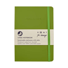 Load image into Gallery viewer, Front of green A5 recycled leather lined notebook. Removable white paper band around the middle reads: &#39;Lined Notebook Sustainable Stationery with style. Notebook made from recycled leather and 100% sustainable paper.&#39; An orange elasticated band loops around the front. &#39;Make a mark&#39; is engraved on the front cover.
