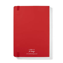 Load image into Gallery viewer, Back of red notebook without white band. Letters in white on the back at the bottom read the brand &#39;Vent for change&#39; and their website.
