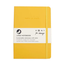 Load image into Gallery viewer, Front of yellow A5 recycled leather lined notebook. Removable white paper band around the middle reads: &#39;Lined Notebook Sustainable Stationery with style. Notebook made from recycled leather and 100% sustainable paper.&#39; An orange elasticated band loops around the front. &#39;Make a mark&#39; is engraved on the front cover.
