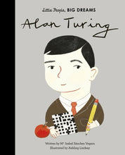Load image into Gallery viewer, Book cover shows Alan Turing (a white man) wearing a suit and holding a sudoku puzzle and a pencil with an apple in front of him.
