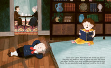 Load image into Gallery viewer, Inside page spread shows Albert and his sister in one room as she reads a book and he lies on the floor, and a white man and older white woman sit in a different room drinking hot drinks.
