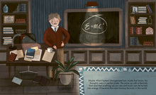 Load image into Gallery viewer, Inside page spread shows Albert in an office with a desk, bookshelves and blackboard. On the blackboard &#39;E=mc2&#39; is circled. 
