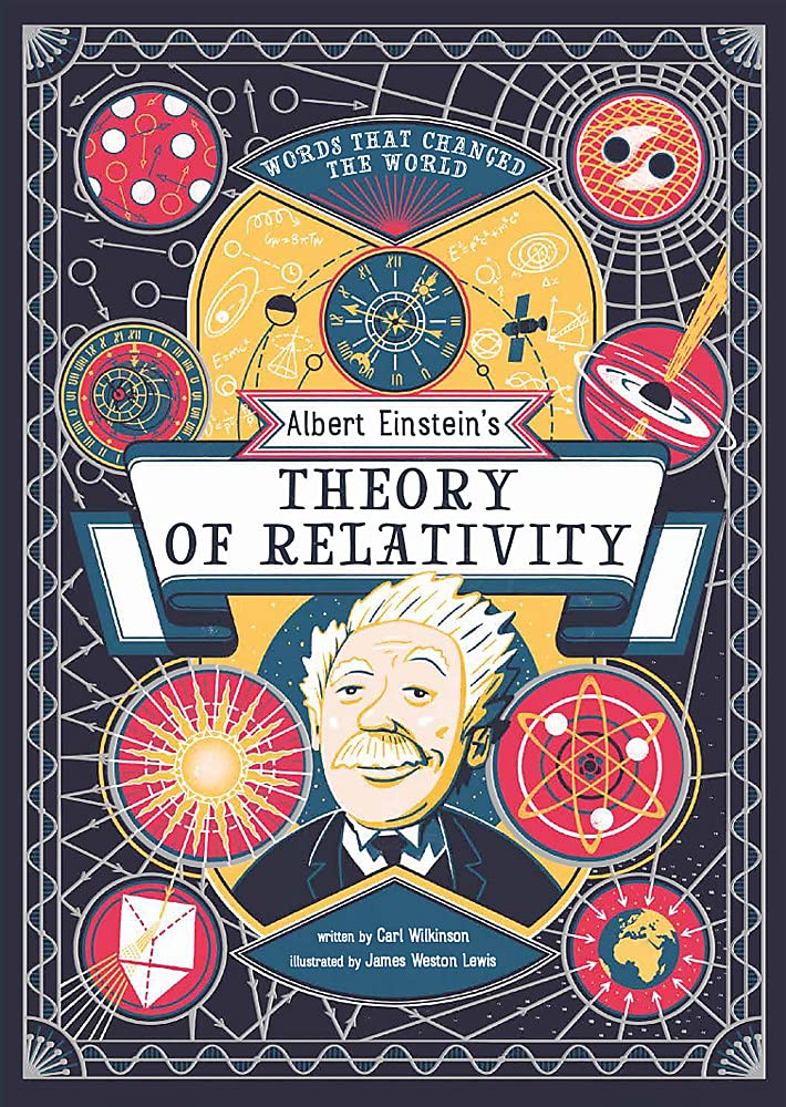 Book cover features drawing of Albert Einstein (a white man) and phrase 'words that changed the world'. 