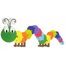 Load image into Gallery viewer, Caterpillar shaped puzzle with letters of the alphabet on each segment. Each segment connects in a line to form the caterpillar. Caterpillar head is green, feet are brown, and segments are yellow, orange, green, purple, blue and red.
