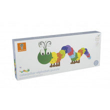 Load image into Gallery viewer, Caterpillar alphabet puzzle box shows picture of the puzzle completed. A circle on the box reads &quot;1-5 years&quot;.  The brand name is Orange Tree Toys.
