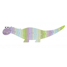 Load image into Gallery viewer, Dinosaur alphabet puzzle fully assembled with alphabetized segments connecting end to end. The puzzle is pastel colours, purples, pinks, blues and greens.
