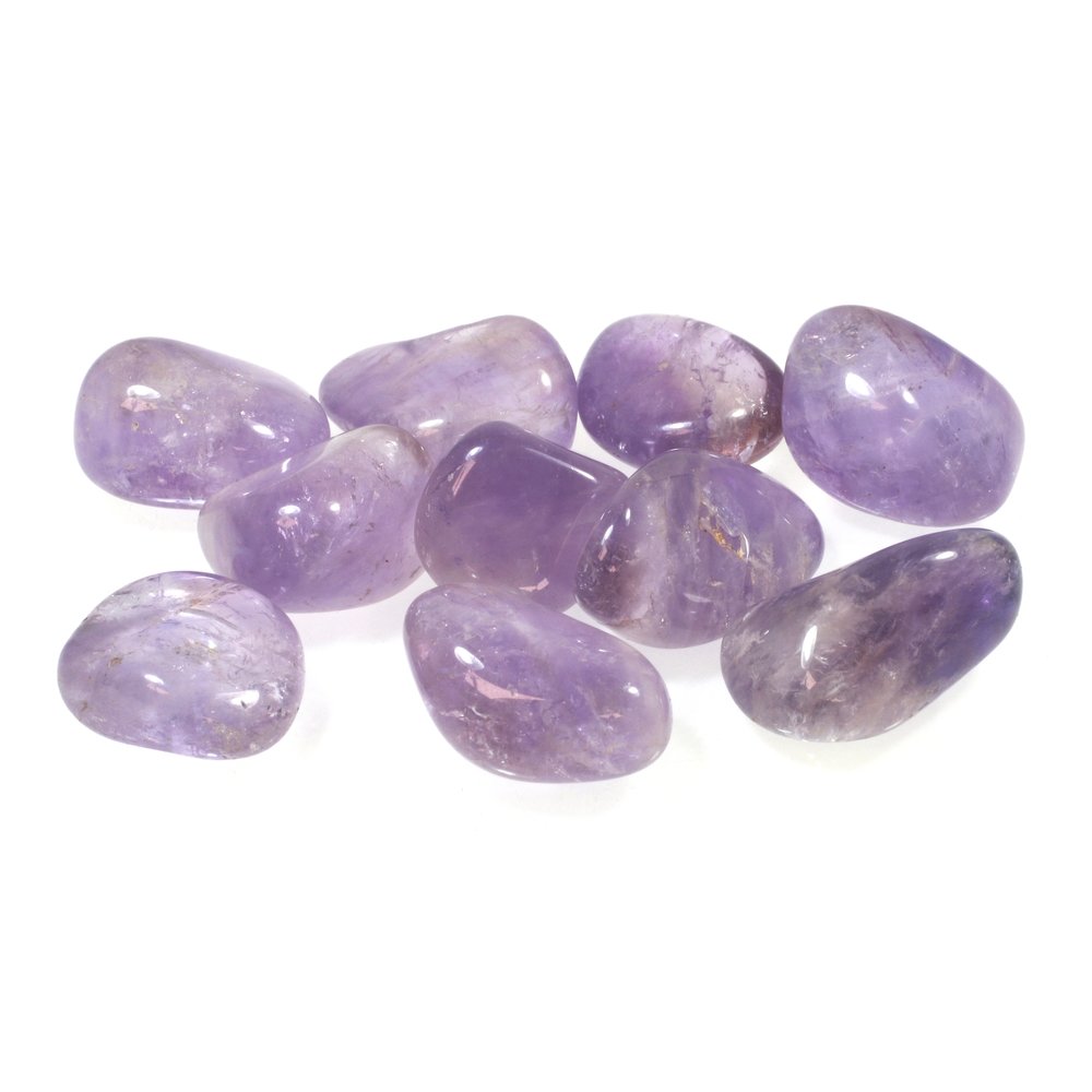 10 translucent purple amethyst gemstones.