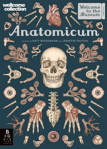 Anatomicum cover is dark blue and has illustrations of body parts.