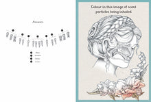 Load image into Gallery viewer, Inside spread features teeth and a black and white picture of a woman&#39;s scent system to colour in. 
