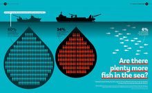 Load image into Gallery viewer, inside spread with the question &#39;are there plenty more fish in the sea?&#39; &amp; an infographic featuring fishing ships and nets.

