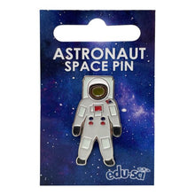 Load image into Gallery viewer, Pin badge on card backing with blue and purple space illustration. Backer reads &#39;Astronaut space pin&#39;. Astronaut stands with arms out to side, with buttons on it&#39;s white suit. Flag on upper arm is the American flag. 
