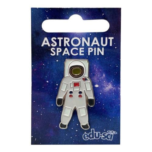 Pin badge on card backing with blue and purple space illustration. Backer reads 'Astronaut space pin'. Astronaut stands with arms out to side, with buttons on it's white suit. Flag on upper arm is the American flag. 
