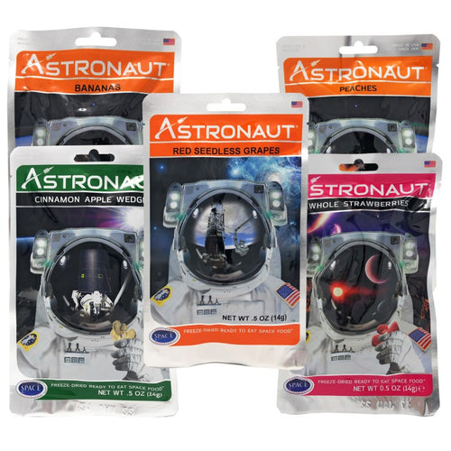 Selection of Astronaut Food packages. Each package features astronaut with reflection of space image in their helmet. 