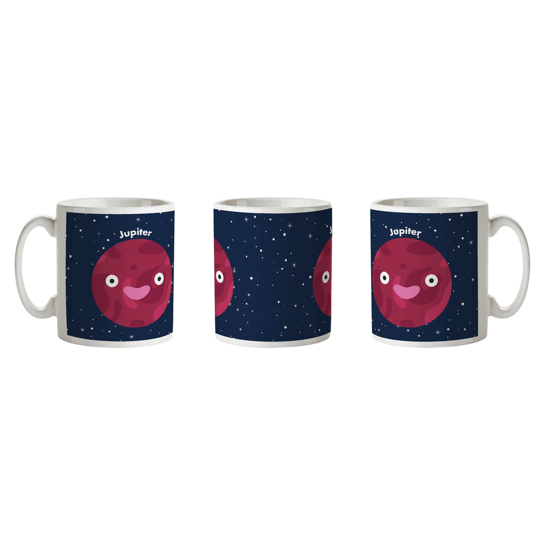 Mug is white with black background, white stars and smiling Jupiter with 'Jupiter' written to the right.