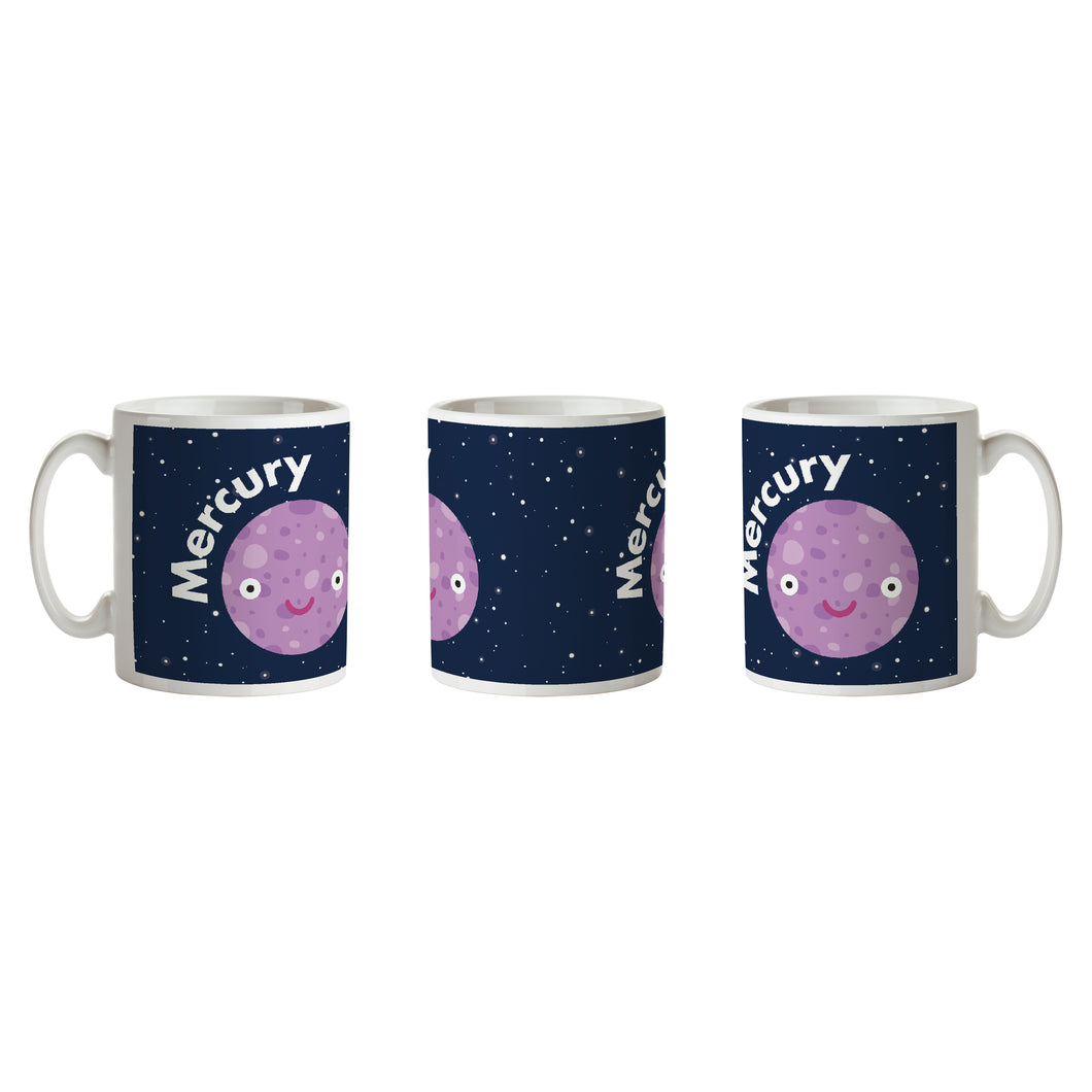Mug is white with black background, white stars and smiling Mercury with 'Mercury' written to the right.
