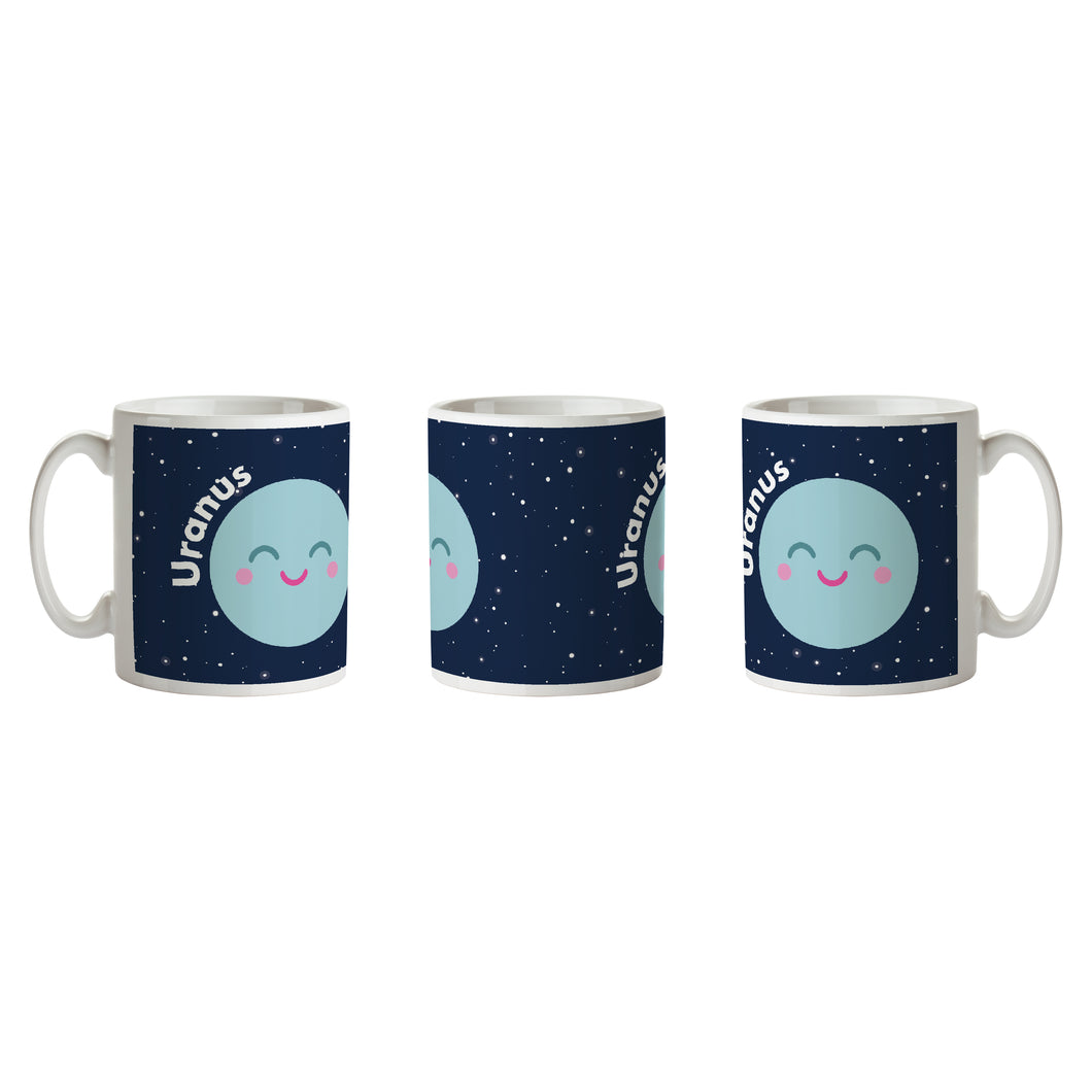 Mug is white with blue/black background, white stars and smiling earth with 'Uranus' written to the left