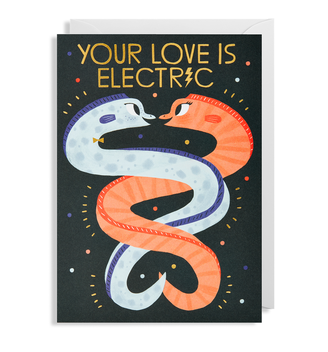 Black card with two eels (one orange, one blue) wrapped around each other. Card reads 