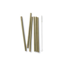 Load image into Gallery viewer, 6 green bamboo straws of varying thickness and a straw cleaner (long wire with small white brush on one end).
